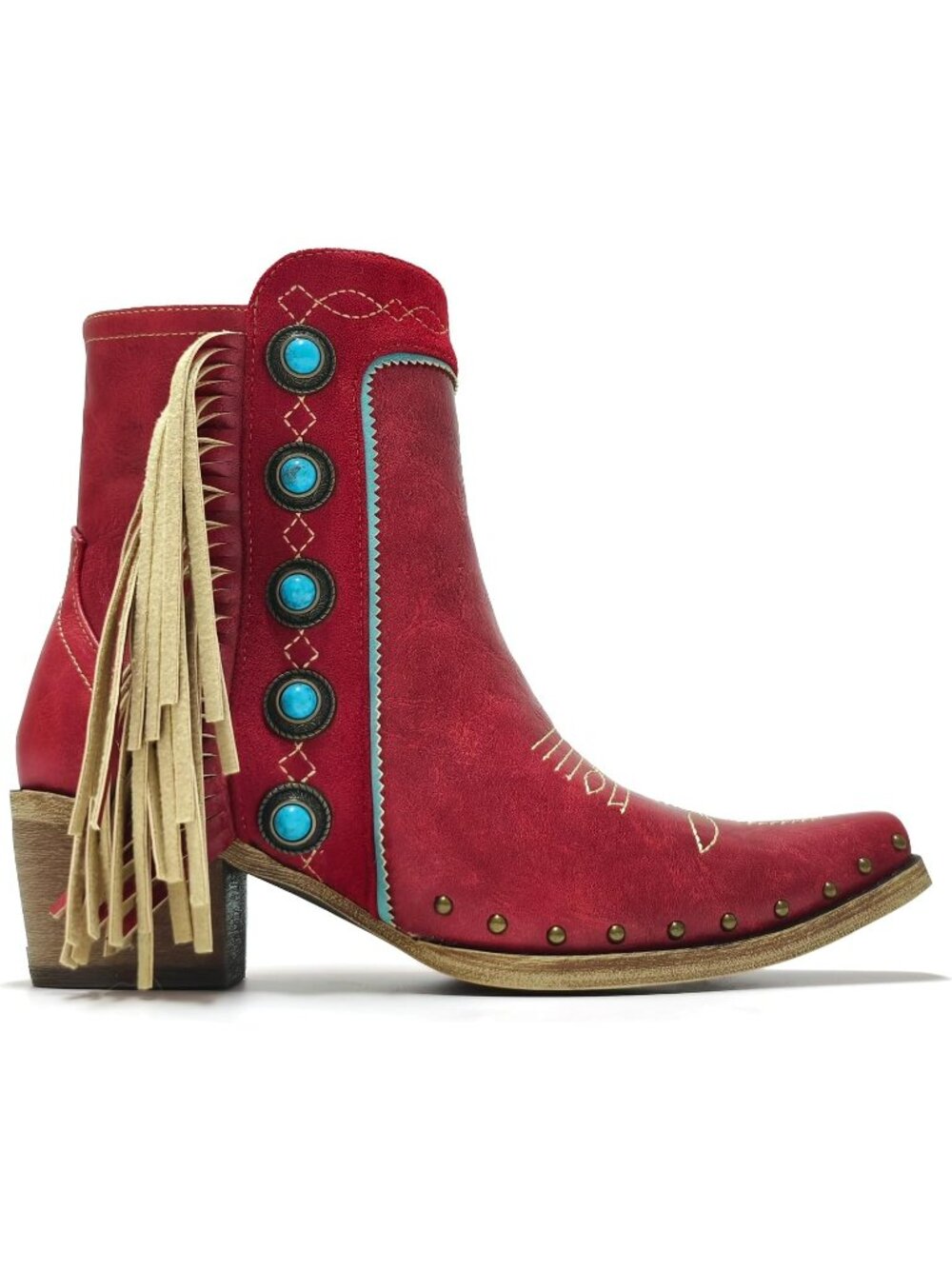 Women's Red Fringe Classic Cushioned Insole Ankle Boots with Turquoise Stones